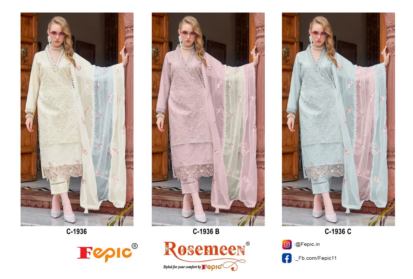 C 1936 Rosemeen By Fepic Organza Embroidery Pakistani Suits Orders In India